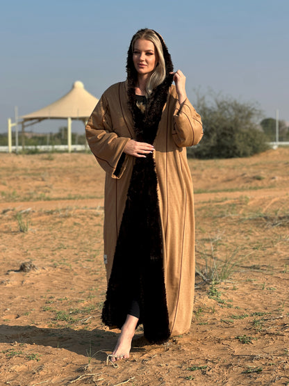 Winter Abaya Farwa collection - Brown woolen with fur