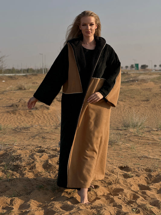 Winter Abaya Farwa collection - Brown/Black woolen with fur