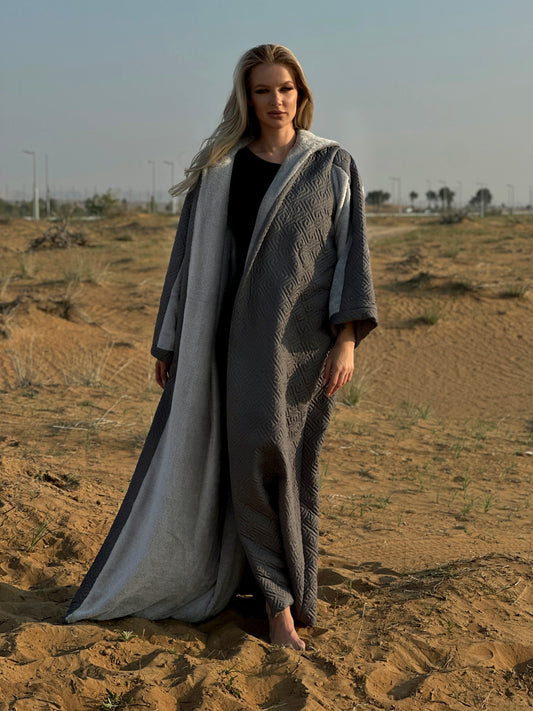 Winter Farwa Collection - Jersey Gray Abaya with Fur