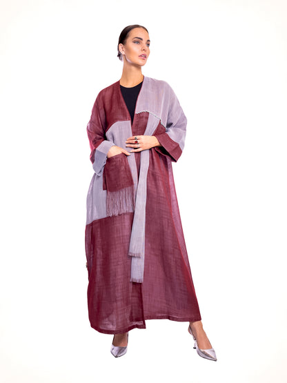 Gray & Maroon Linen Abaya