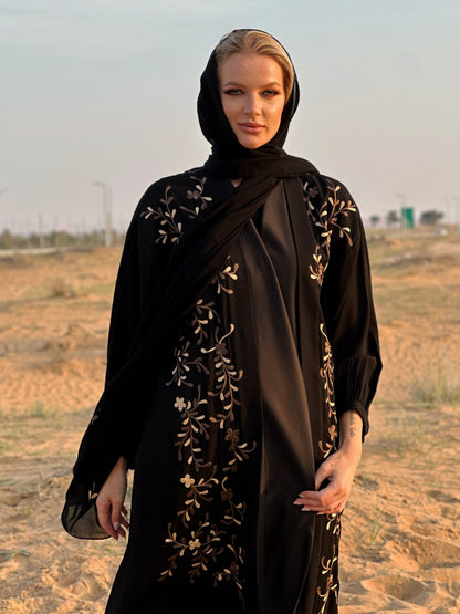 Black Crepe Abaya - Floral Embroidery