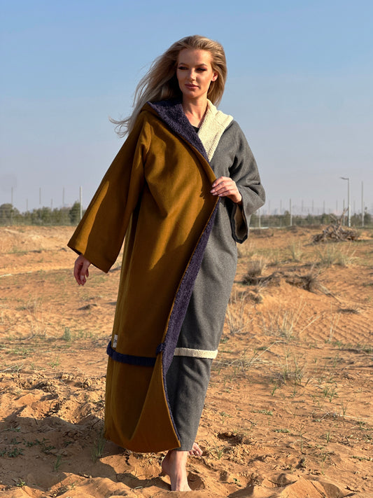 Winter Abaya Farwa collection - Brown and Gray Woolen Abaya with Dual-Tone