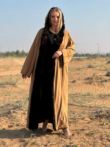 Winter Abaya Farwa collection - Brown woolen with fur