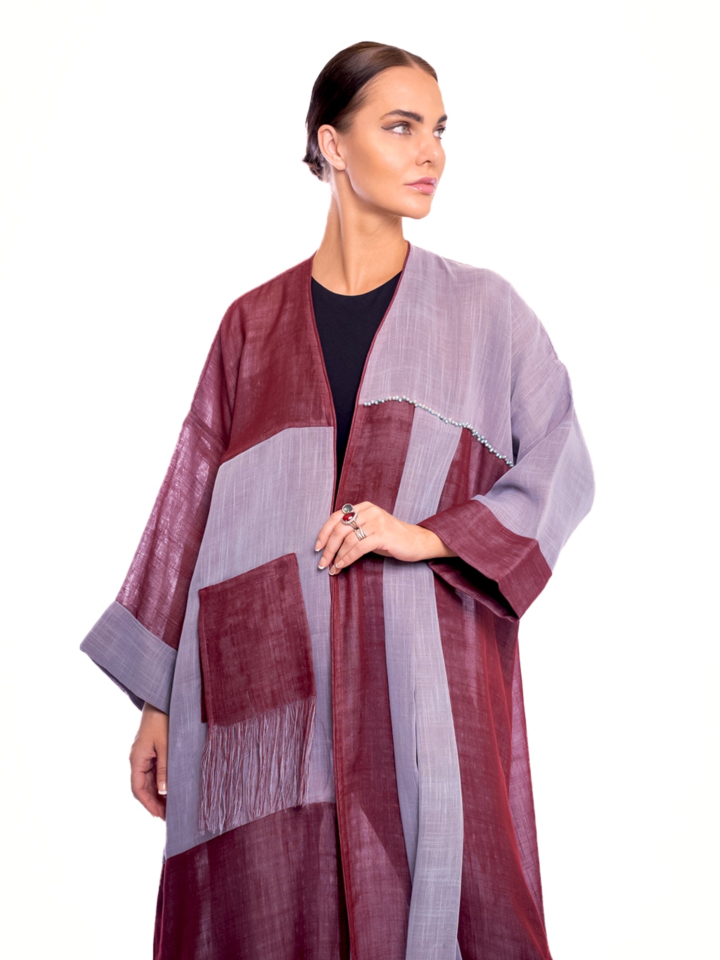 Gray & Maroon Linen Abaya