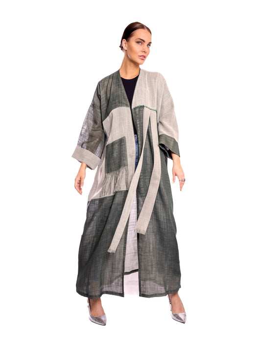 Gray and Green linen abaya