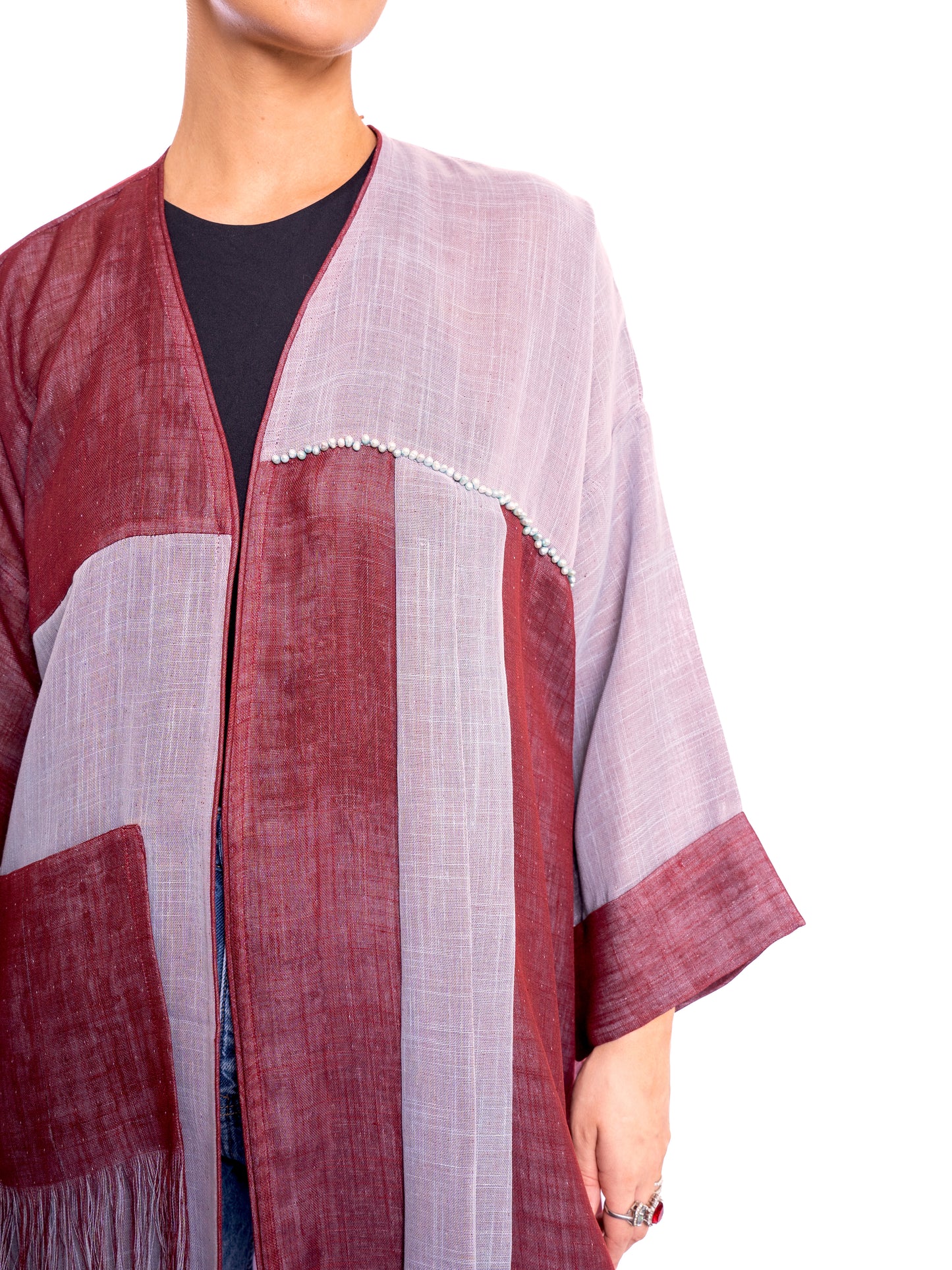 Gray & Maroon Linen Abaya