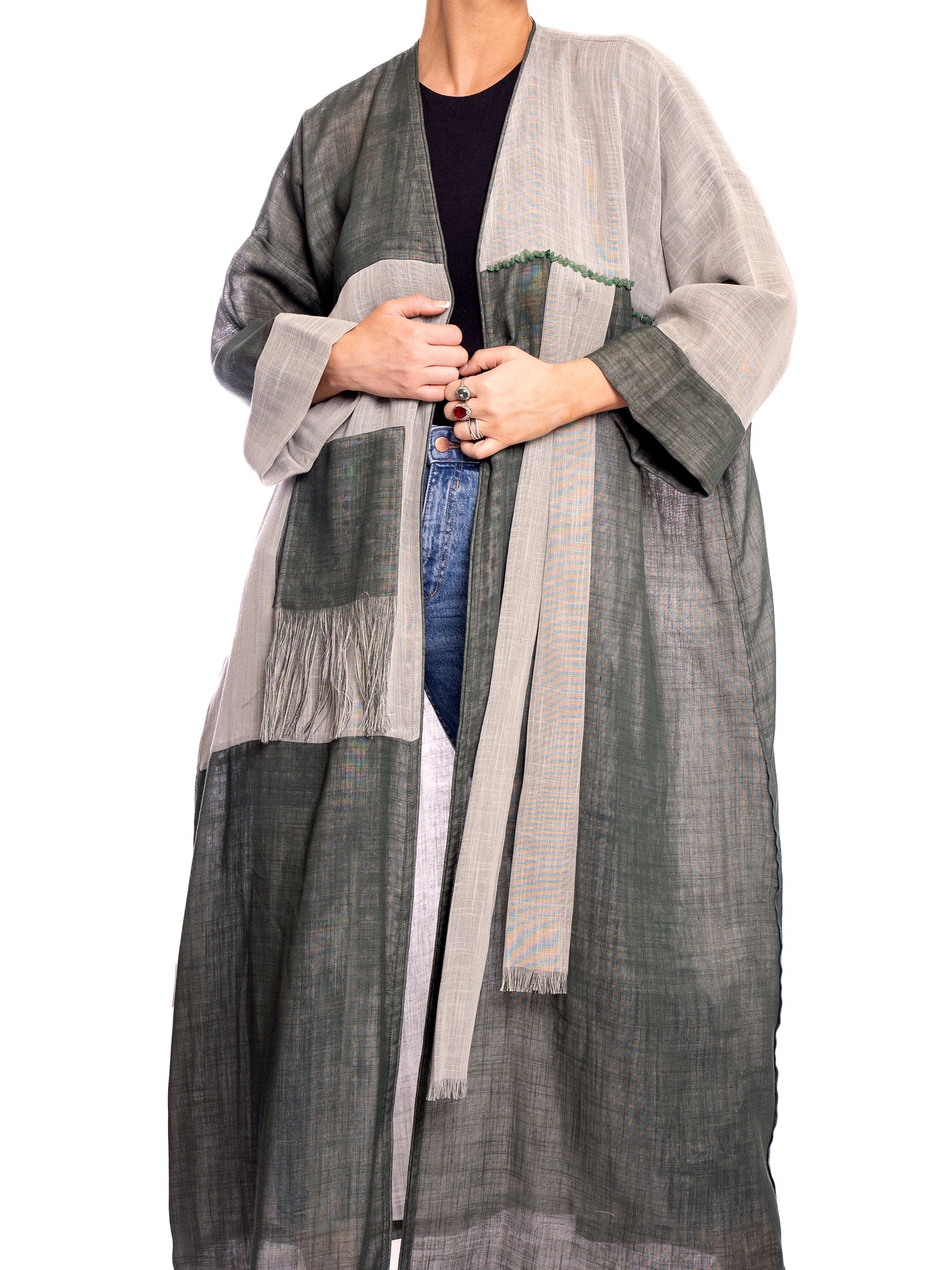 Gray and Green linen abaya