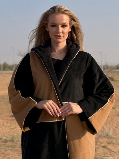 Winter Abaya Farwa collection - Brown/Black woolen with fur