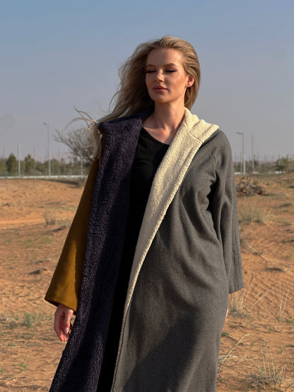 Winter Abaya Farwa collection - Brown and Gray Woolen Abaya with Dual-Tone