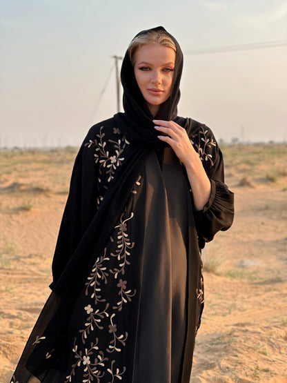 Black Crepe Abaya - Floral Embroidery