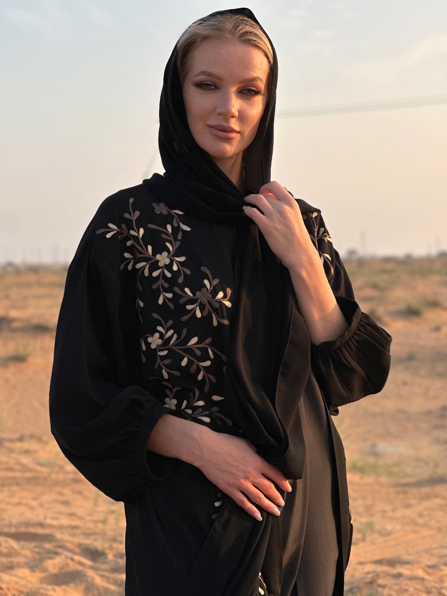 Black Crepe Abaya - Floral Embroidery