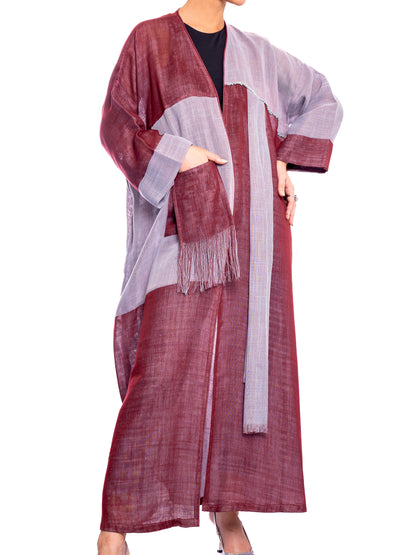 Gray & Maroon Linen Abaya