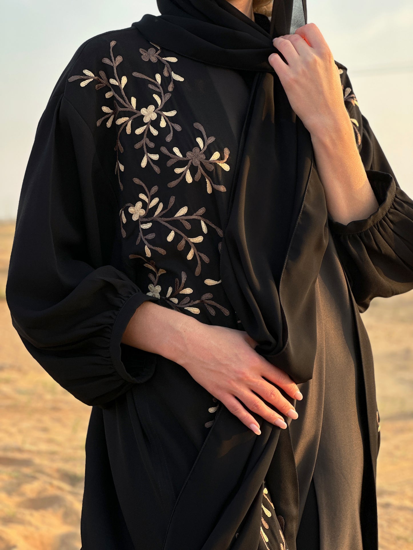 Black Crepe Abaya - Floral Embroidery