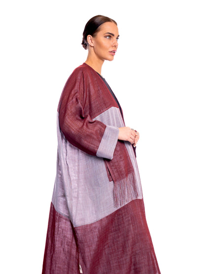 Gray & Maroon Linen Abaya