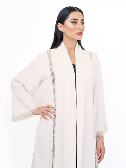 Evening abaya - Off white French duntell with Swarovski