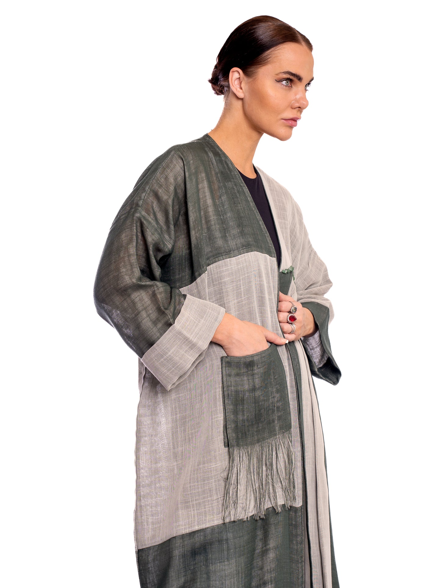 Gray and Green linen abaya