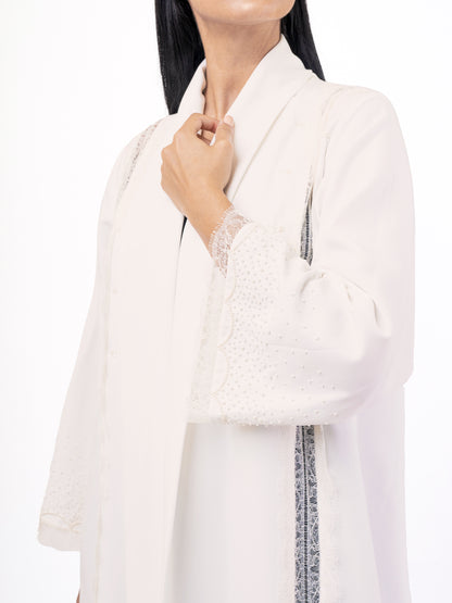 Evening abaya - Off white French duntell with Swarovski