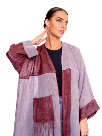 Gray & Maroon Linen Abaya