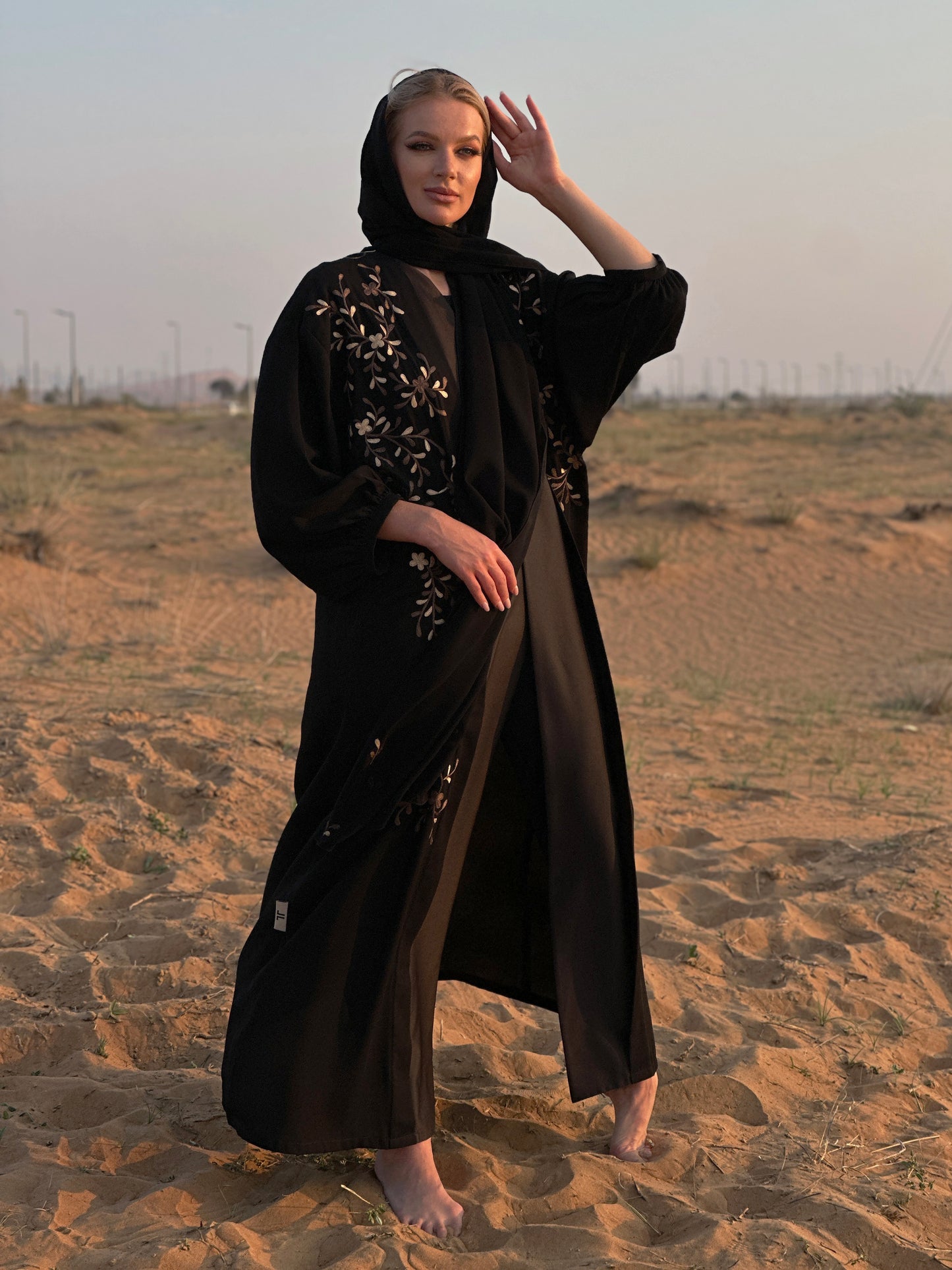 Black Crepe Abaya - Floral Embroidery