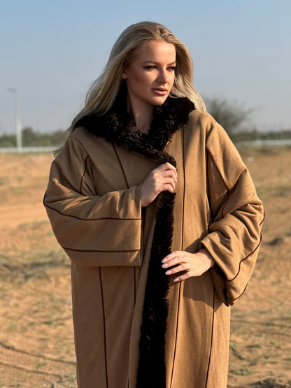 Winter Abaya Farwa collection - Brown woolen with fur