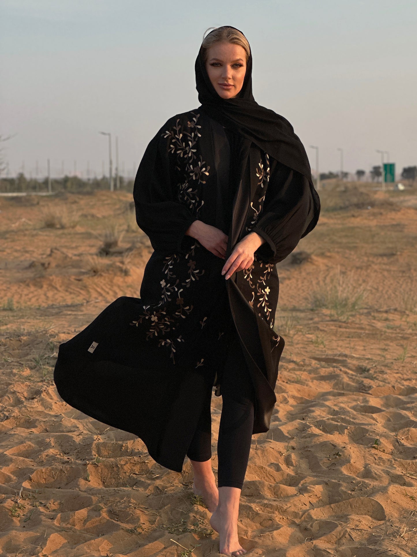 Black Crepe Abaya - Floral Embroidery