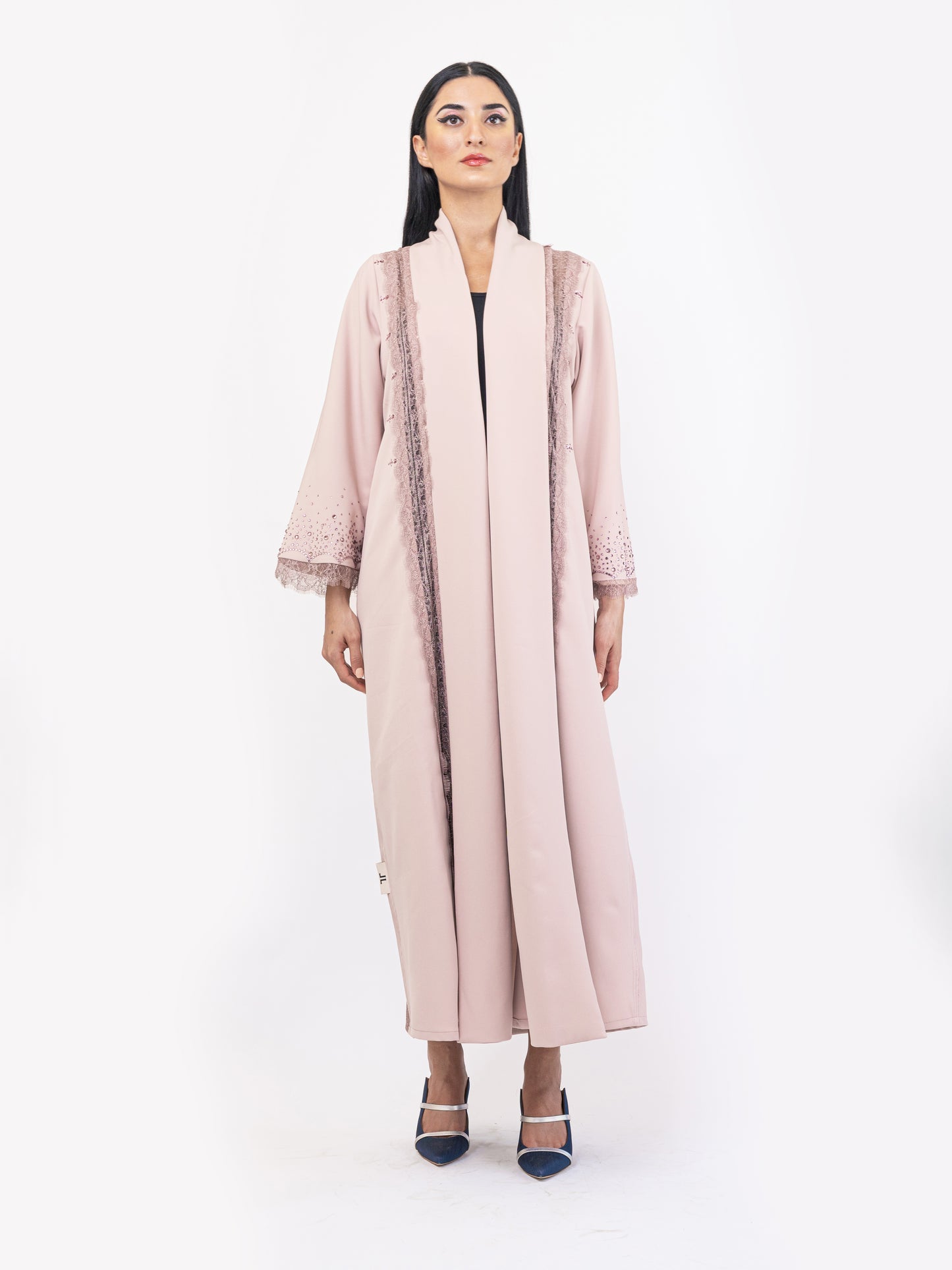 Evening abaya - Pink French duntell with Swarovski