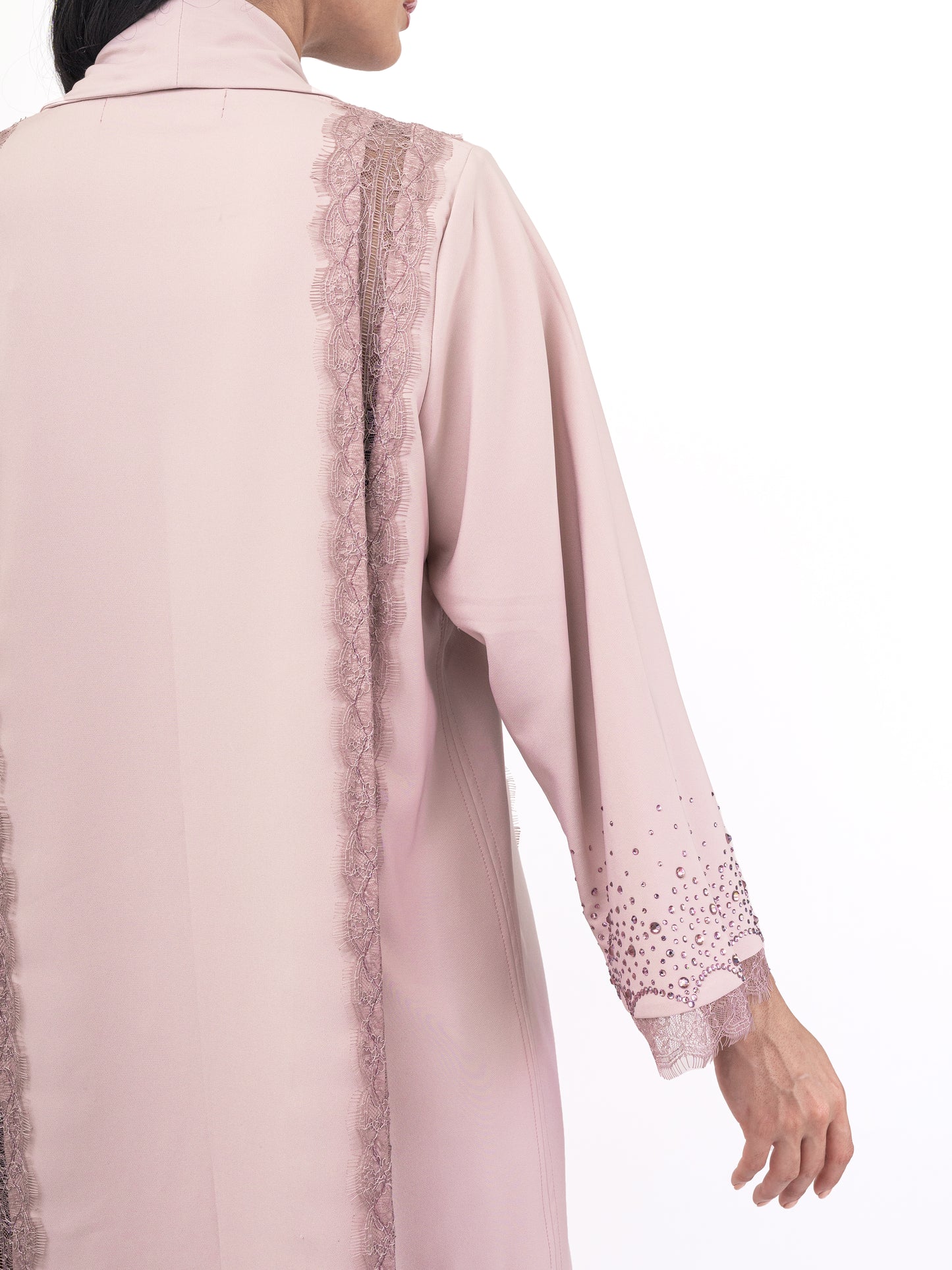 Evening abaya - Pink French duntell with Swarovski