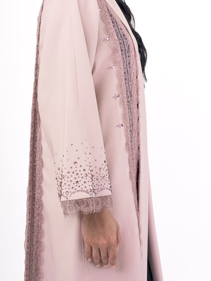 Evening abaya - Pink French duntell with Swarovski