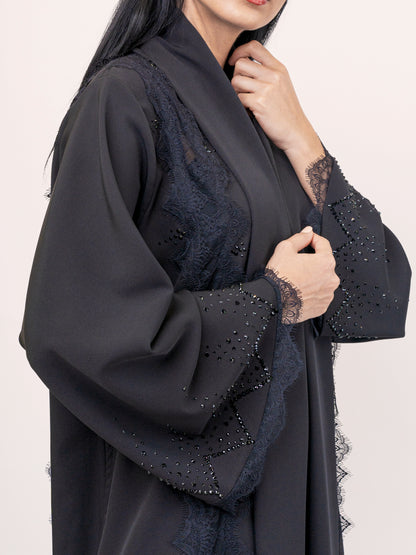 Evening wear abaya - Black French duntell with Swarovski