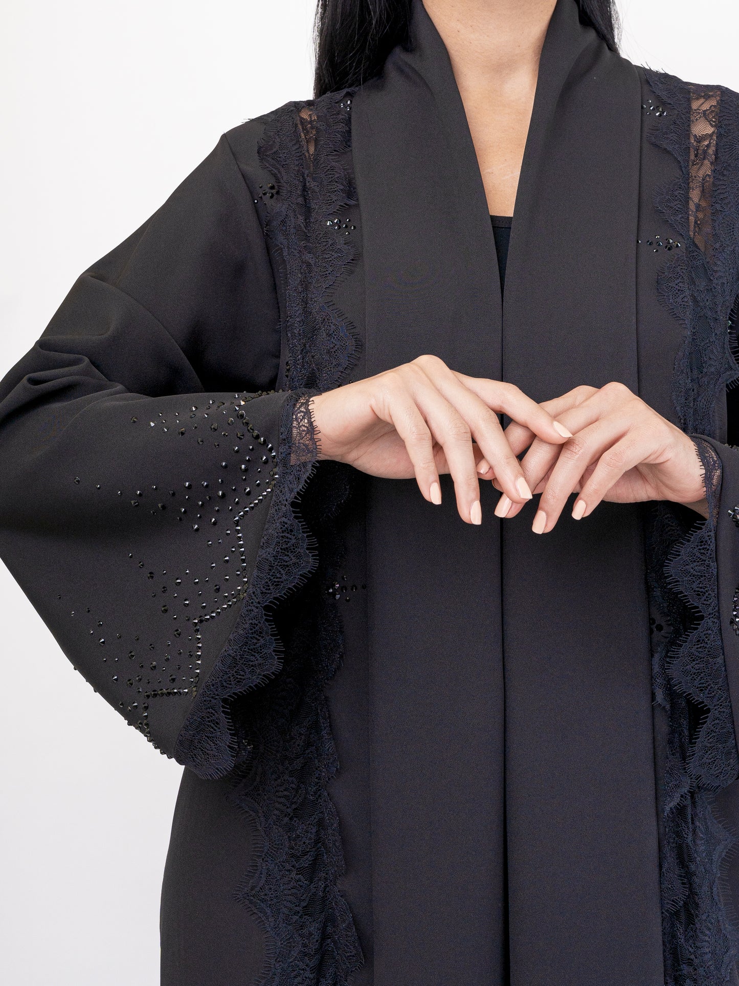 Evening wear abaya - Black French duntell with Swarovski