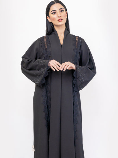 Evening wear abaya - Black French duntell with Swarovski