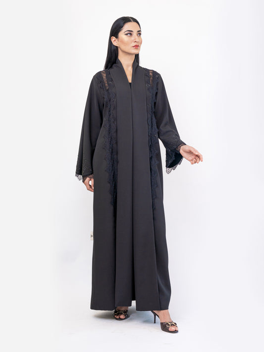 Evening wear abaya - Black French duntell with Swarovski