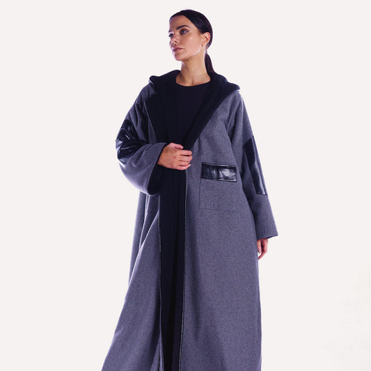 Winter Abaya Farwa Collection - Blue/Gray Woolen Abaya with Fur and Leather Details