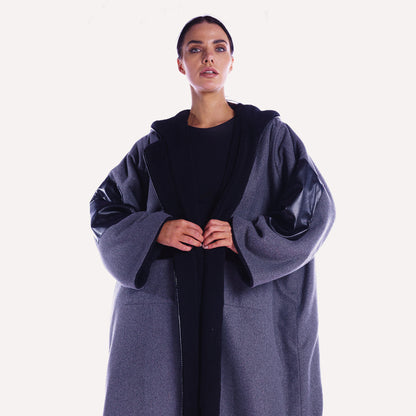 Winter Abaya Farwa Collection - Blue/Gray Woolen Abaya with Fur and Leather Details