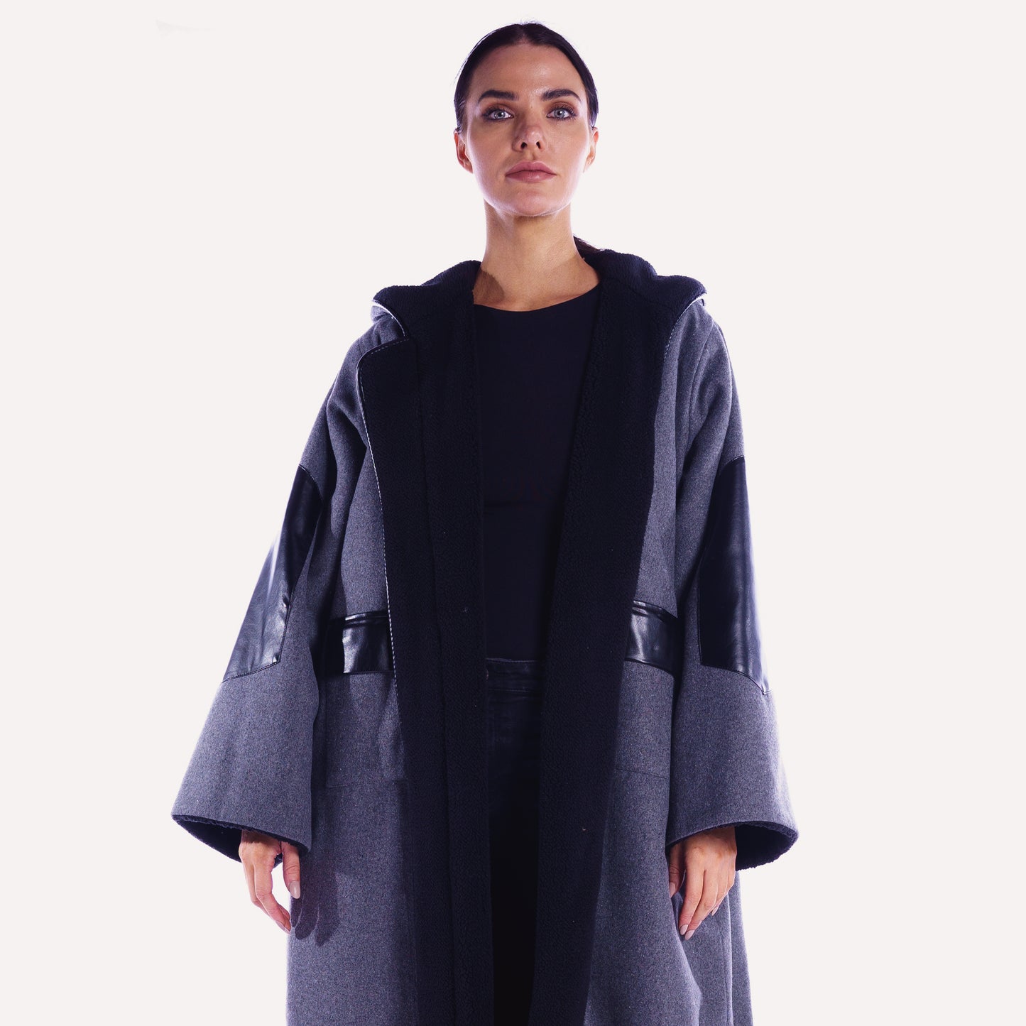 Winter Abaya Farwa Collection - Blue/Gray Woolen Abaya with Fur and Leather Details