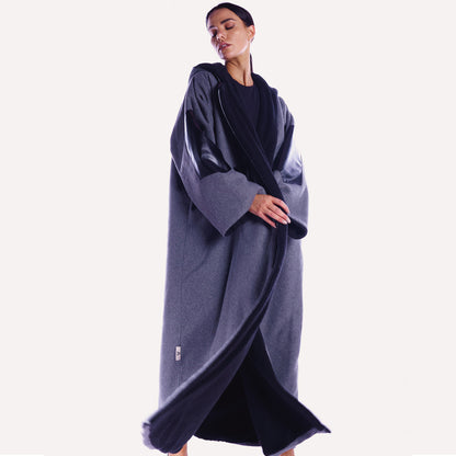 Winter Abaya Farwa Collection - Blue/Gray Woolen Abaya with Fur and Leather Details