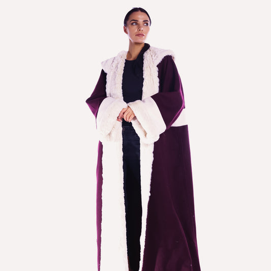 Winter Abaya Farwa Collection - Maroon-White Woolen Abaya with Fur