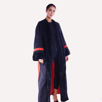 Winter Abaya Farwa Collection - Orange Black Woolen Abaya with fur