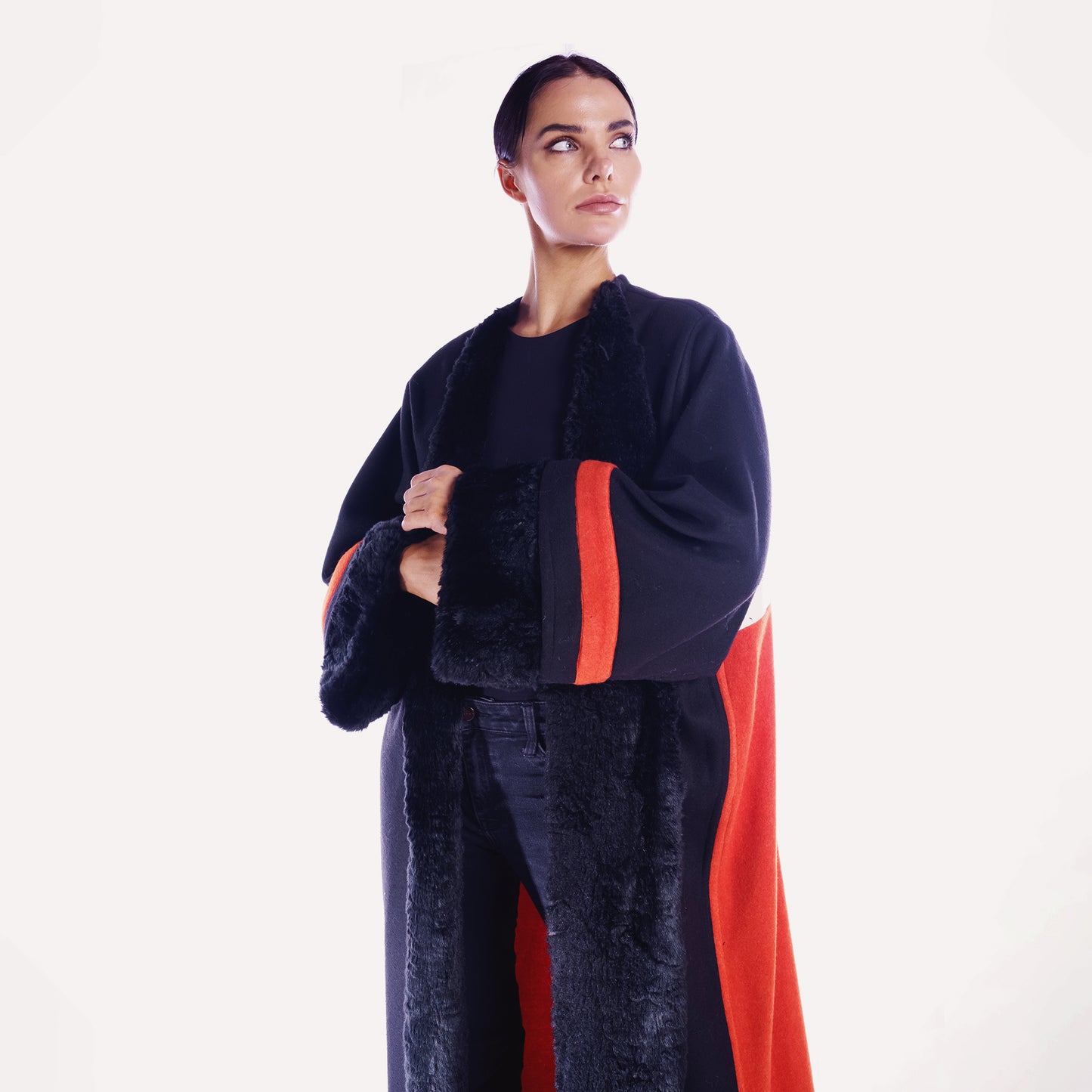 Winter Abaya Farwa Collection - Orange Black Woolen Abaya with fur