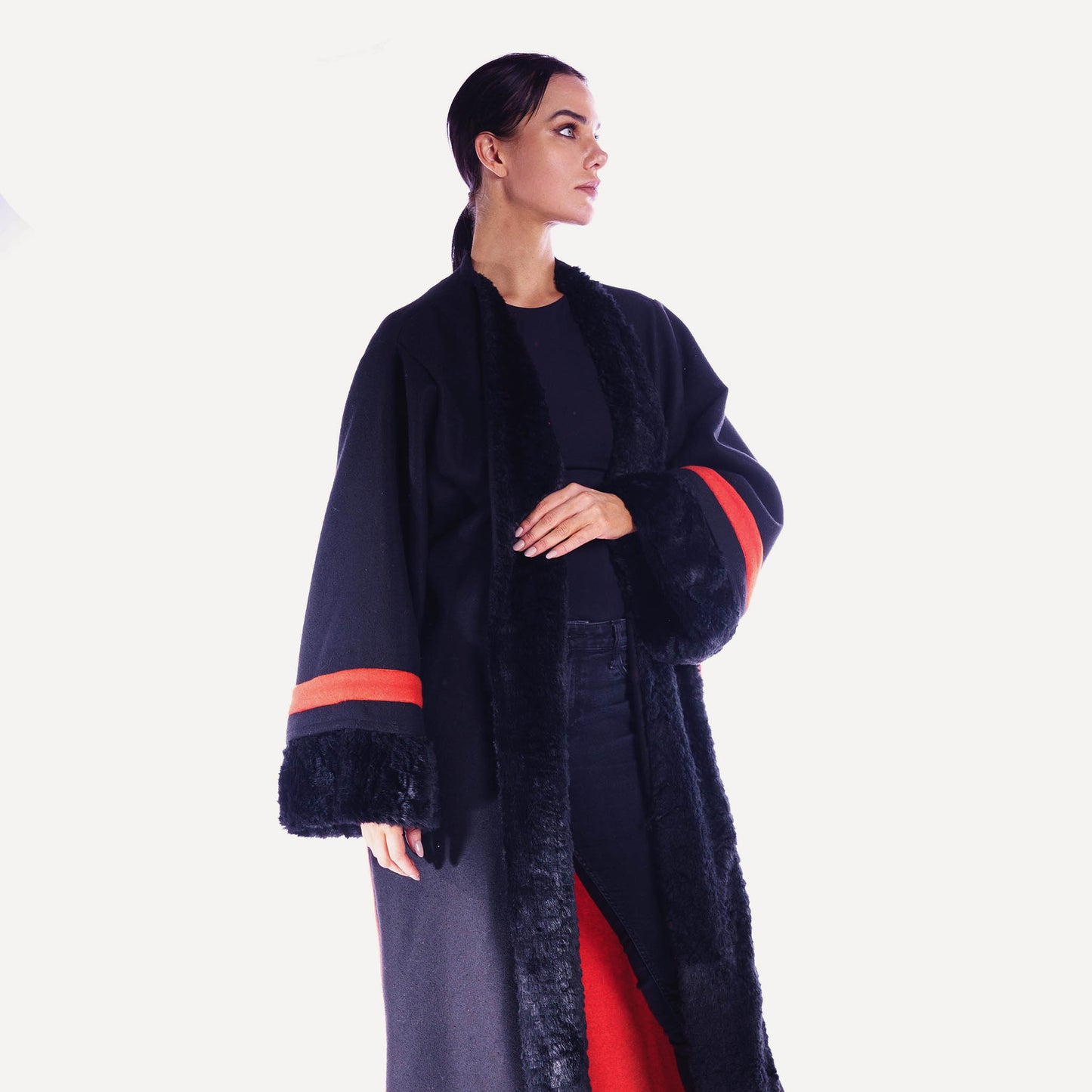 Winter Abaya Farwa Collection - Orange Black Woolen Abaya with fur