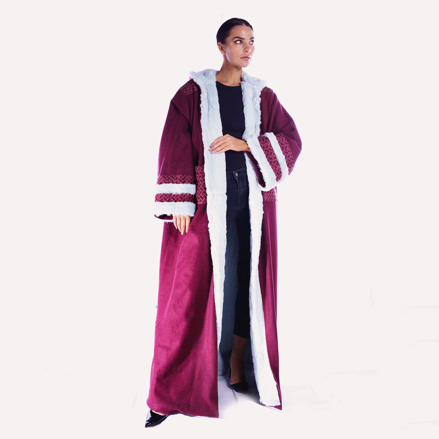 Winter Farwa collection - Maroon Woolen abaya with fur