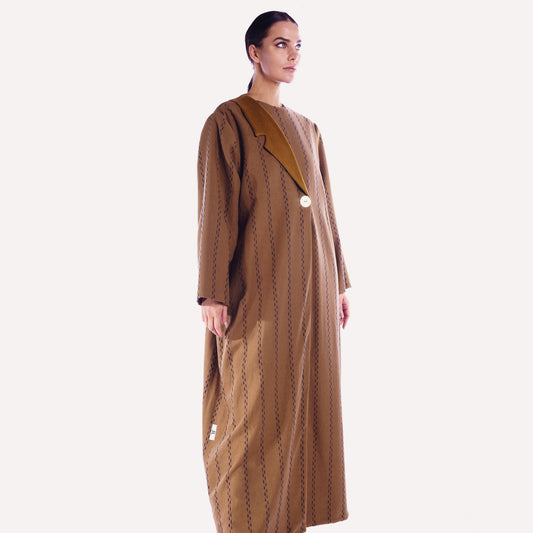 Winter Abaya - Woolen Abaya with Self-Print and Embellished Front Button