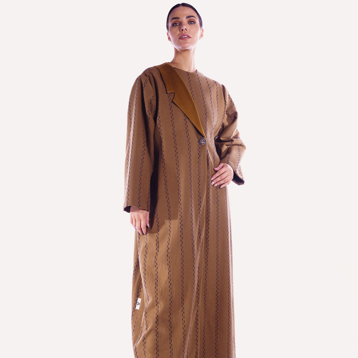 Winter Abaya - Woolen Abaya with Self-Print and Embellished Front Button