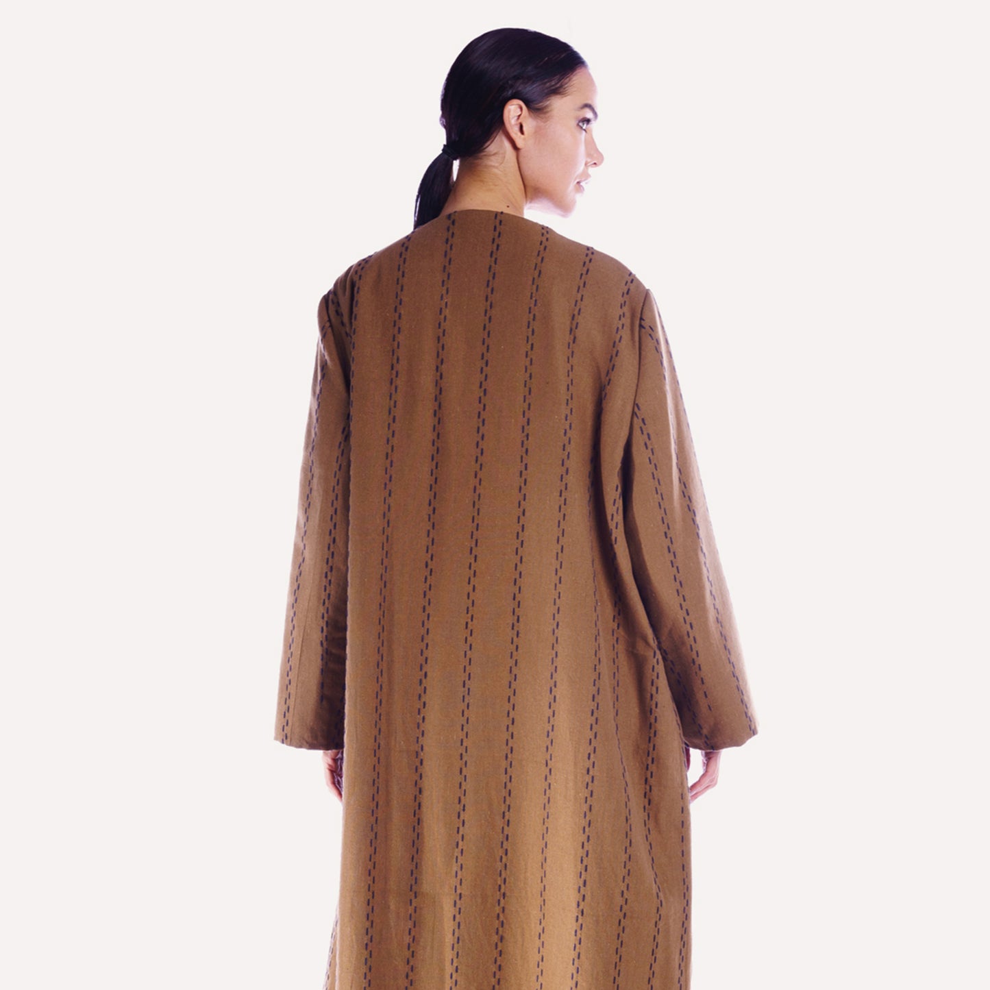 Winter Abaya - Woolen Abaya with Self-Print and Embellished Front Button