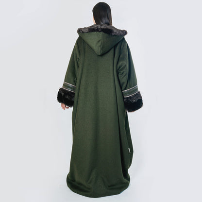 Winter Abaya Farwa Collection - Moss Green Woolen Abaya with Fur