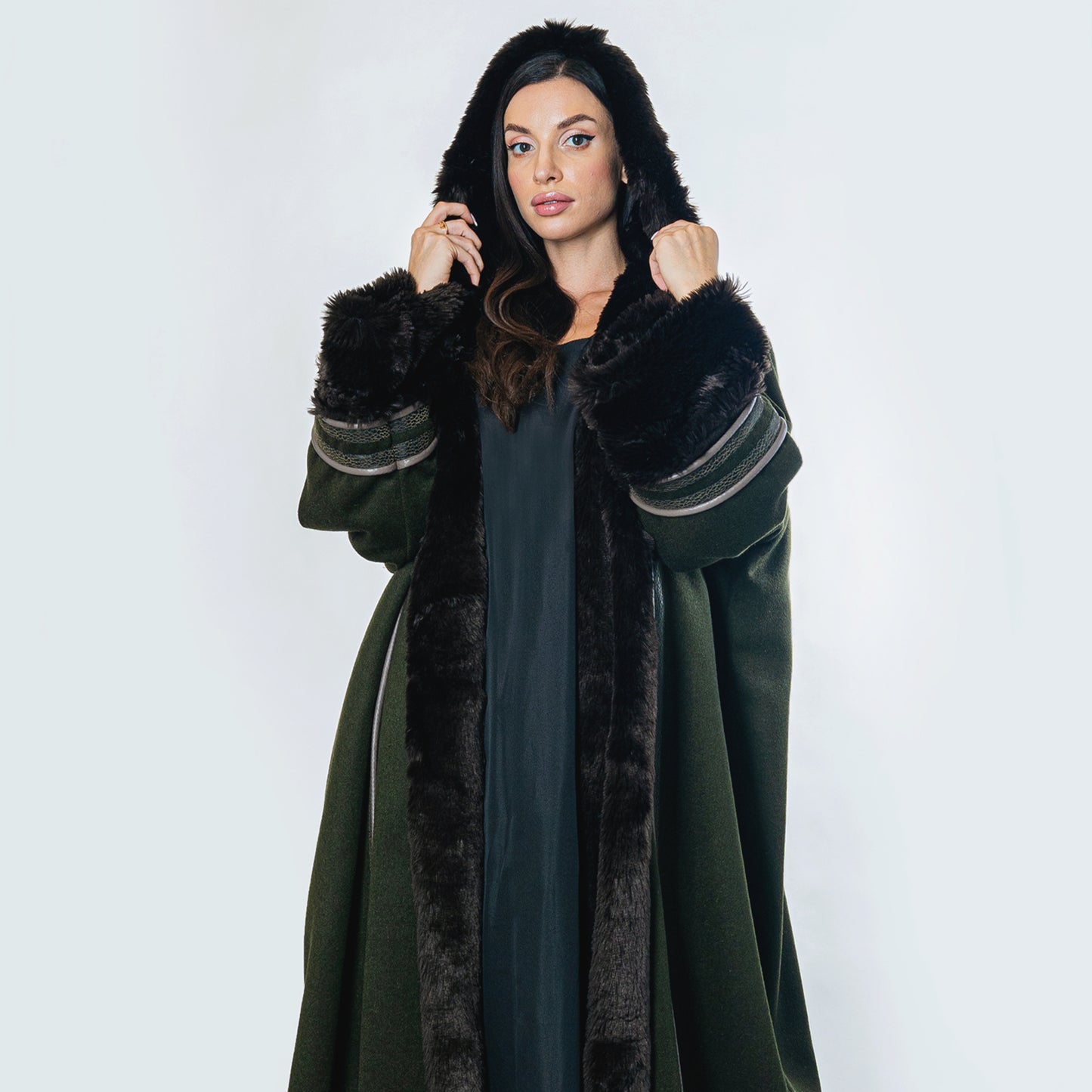 Winter Abaya Farwa Collection - Moss Green Woolen Abaya with Fur