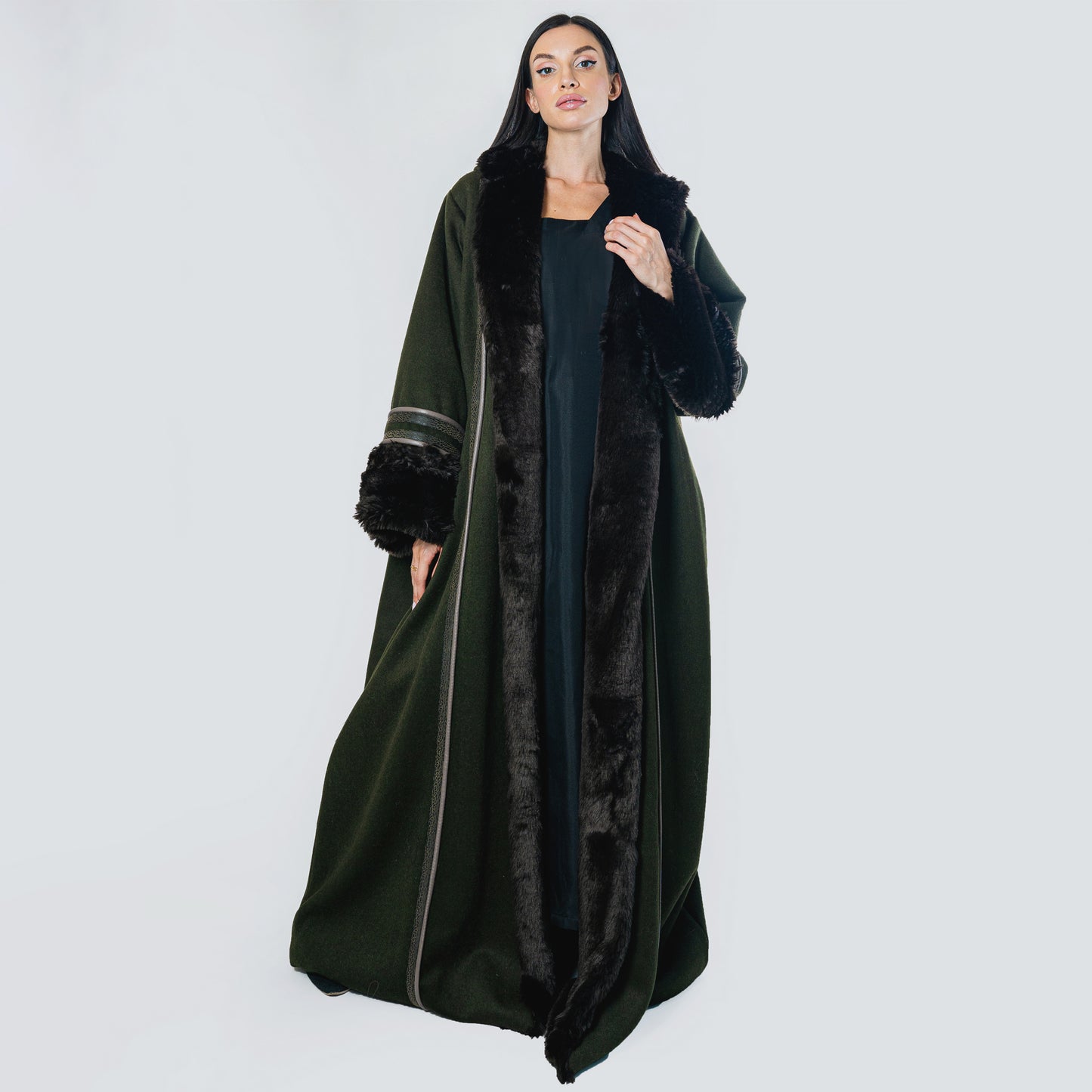 Winter Abaya Farwa Collection - Moss Green Woolen Abaya with Fur