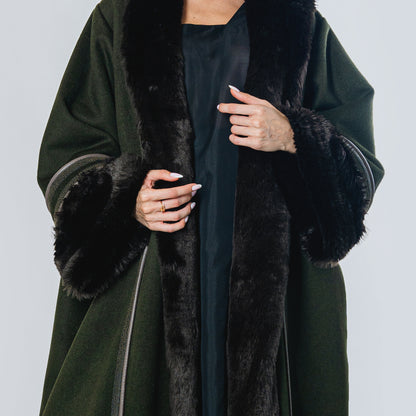 Winter Abaya Farwa Collection - Moss Green Woolen Abaya with Fur